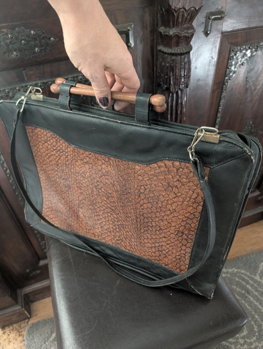 Leather Art Deco Vintage Briefcase with Brown Textured Panel And Wood Handles